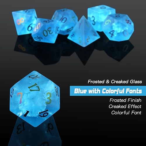 Miniatura 5 de DND - Dados de vidrio esmerilado agrietado, 7 piezas de dados de circón azul con gran estuche de regalo para juego de mesa DND Dungeons and Dragon