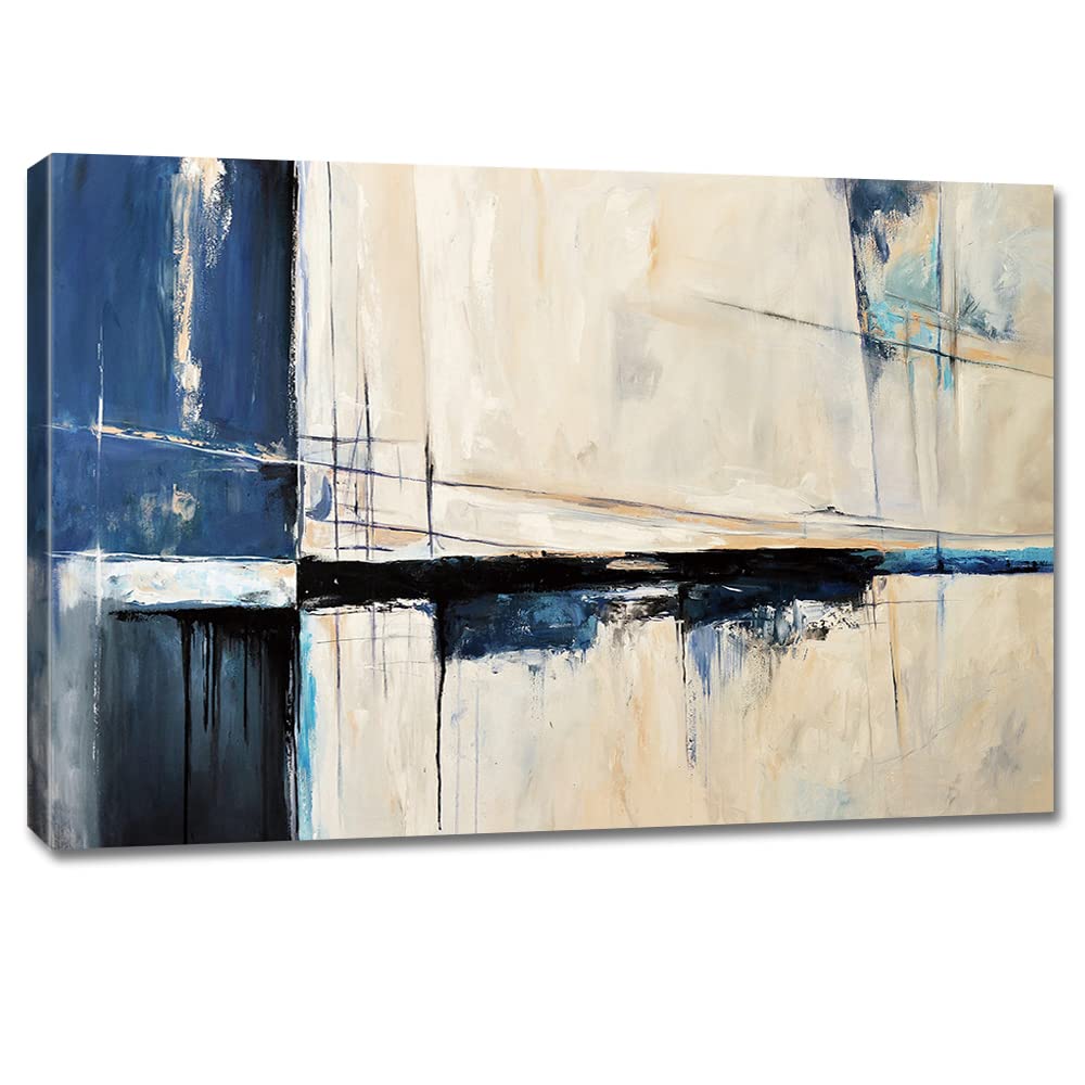 Large Abstract Canvas Wall Art Modern Geometric Art Paintings Blue Blocks and Lines Painted on Cream Background Elegantly Framed Artwork Pictures for Living Room Bedroom Wall Decor 48x32in