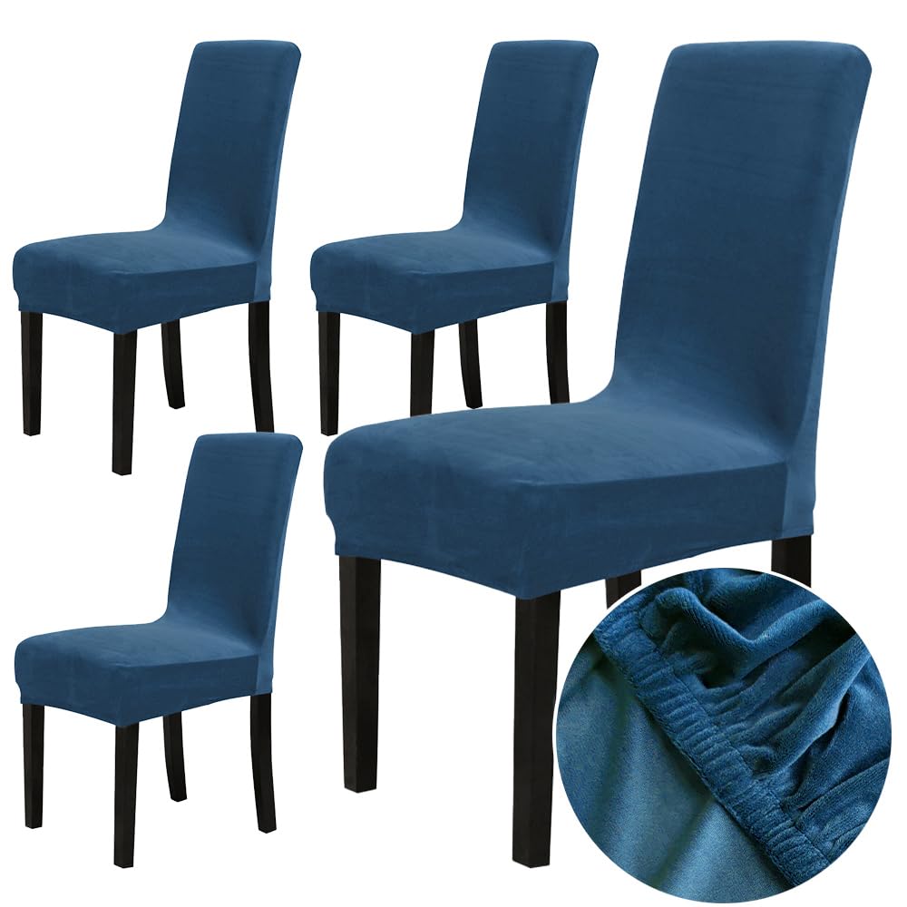 Chickwin Elasticas Fundas Sillas De Comedor, Terciopelo Extraíbles y Lavables Protectoras para Sillas Decoración para Comedor Salon Oficina Bouquet de la Boda(4 Piezas,Azul Real)