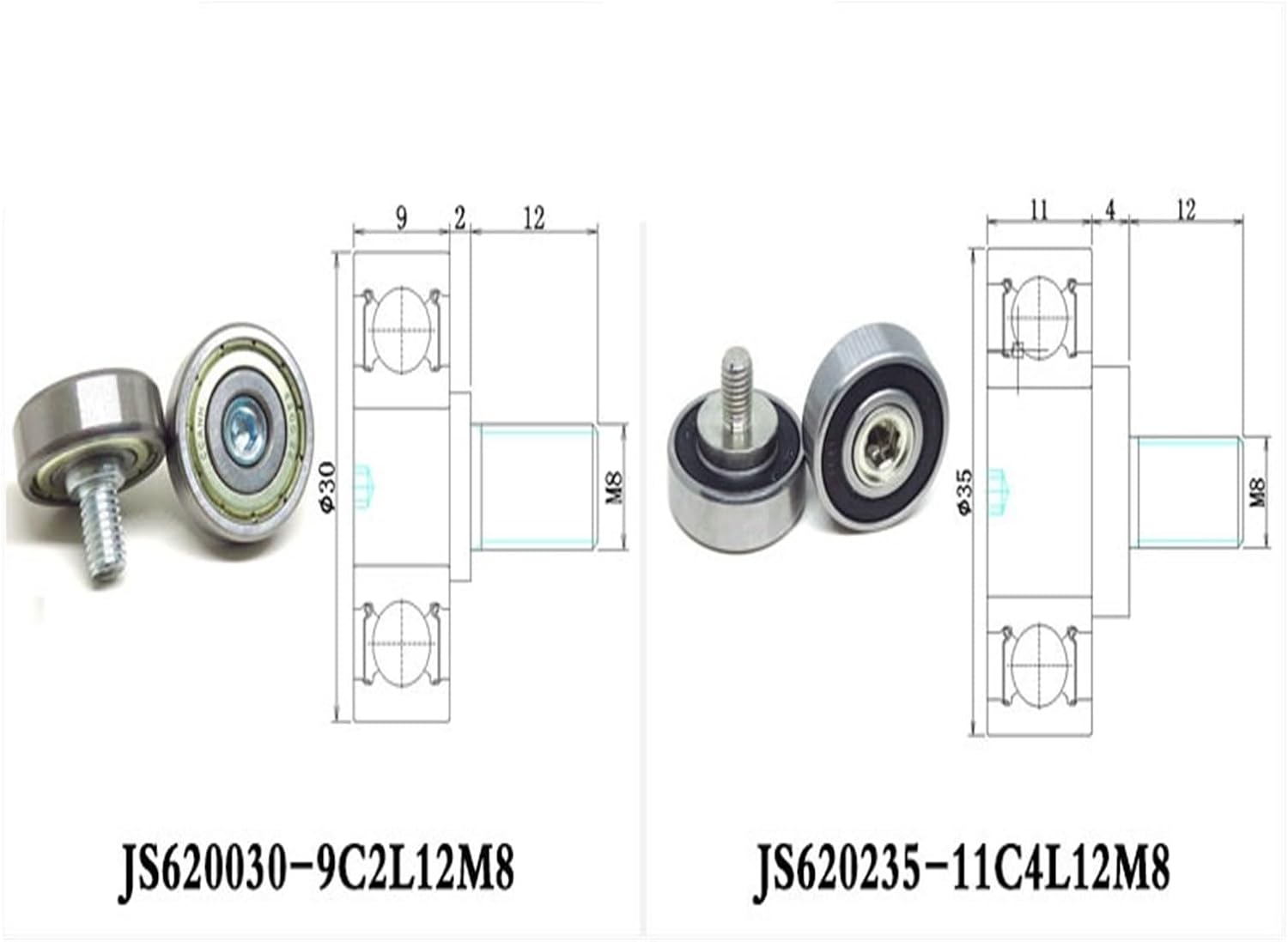 1 piece 24mm diameter 609 thread bearing M8x24 metal screw bearing JS60924-7C3L10M8 24mm outer diameter stainless steel bolt cable pulley screw M8 (Color : JS600128-8C5L12M10, Size : 1Pcs)