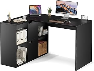 Sweetcrispy L-Form Schreibtisch mit Regal & Schrank, 120x100x75cm Eckschreibtisch, Starker Gaming Tisch mit Ablageflächen, Einfacher Montage, Schwarz