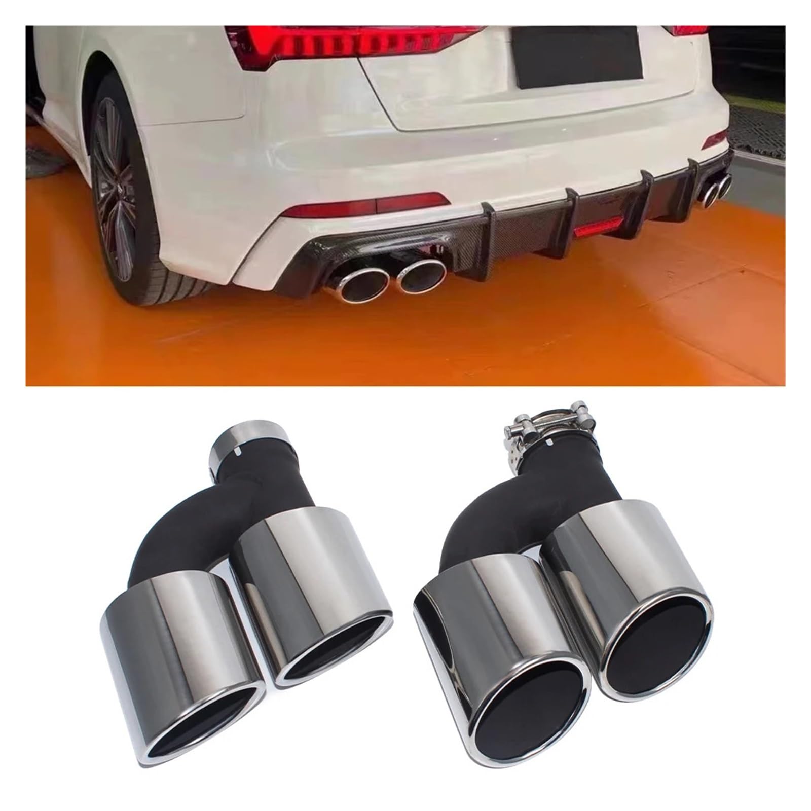 2 sztuk/zestaw 304 tył samochodu podwójna rura wydechowa ze stali nierdzewnej kompatybilny dla Audi A4 A5 A6 A7 do S4 S5 S6 S7 czarna końcówka tłumika 60mm rura wydechowa(Black)
