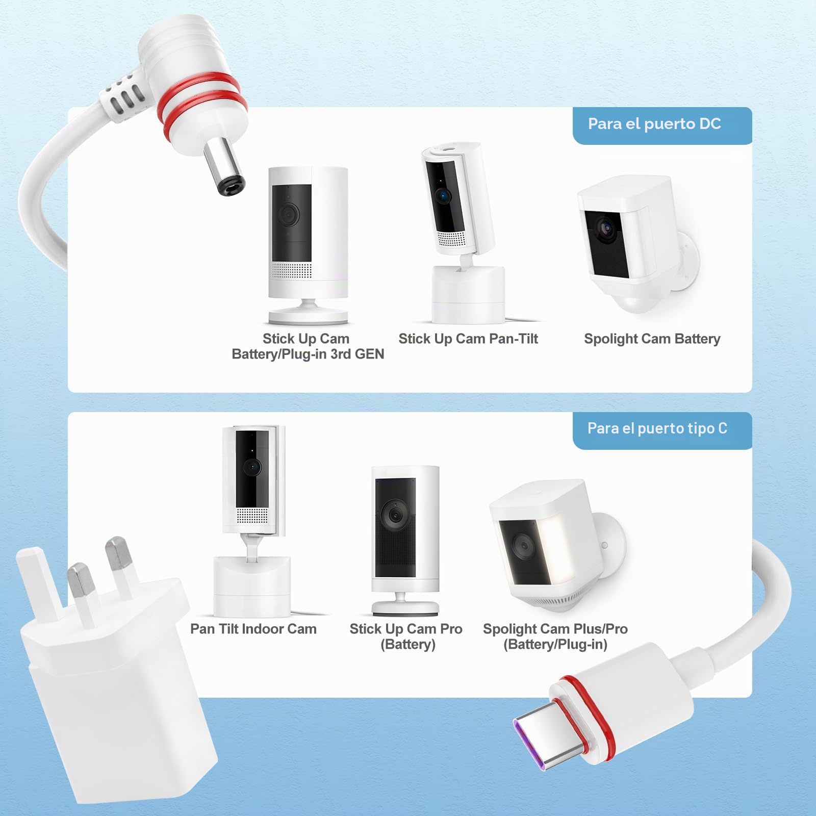 Cable de alimentación y adaptador de 7 m compatible con Ring Spotlight Cam Plus/Pro y Stick Up Cam. Batería, cable de carga para anillo, enchufe de alimentación resistente a la intemperie y cable de