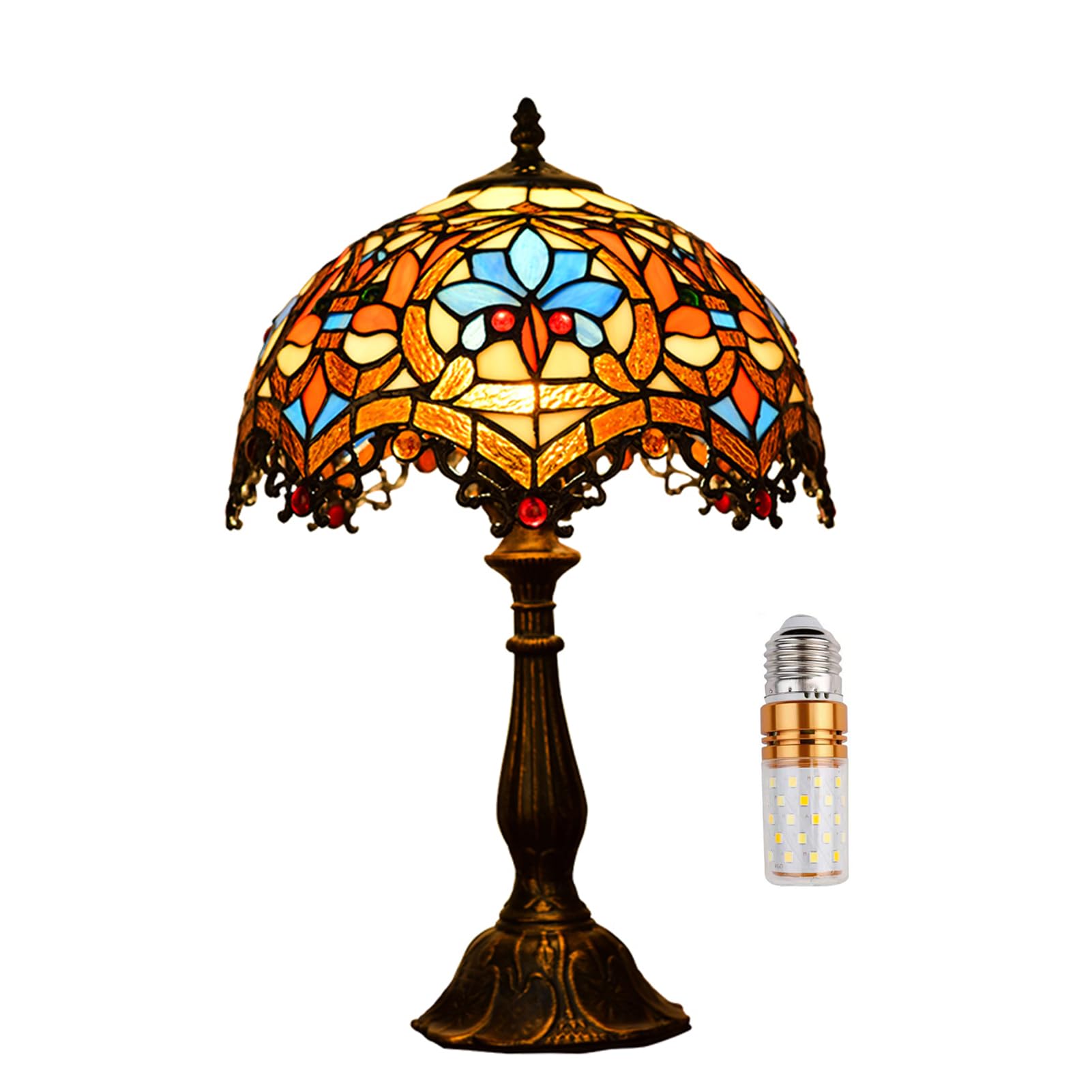 Lampada da tavolo in stile Tiffany 12" Paralumi in vetro colorato Lampada da comodino Lettura Antico Soggiorno Camera da letto Ufficio Vintage Art Déco Vittoriano