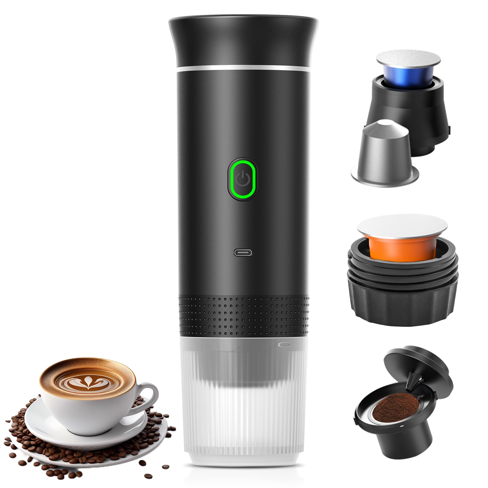 Pralka do Kawy Espresso przenośna mini,Elektryczny Podgrzewany Ekspres do Kawy Podróżny z USB-C,Kompatybilny z Kapsułkami NS i Mieloną Kawą,Mała Pralka do Kawy na Kemping,Biuro i Wędrówki
