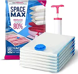 Kit de Sacos de Armazenamento a Vácuo Grande SPACE MAX com 6 sacos – Economize 80% de Espaço – Reutilizáveis, Fecho Duplo e Válvula Antivazamento, Inclui Bomba de Viagem