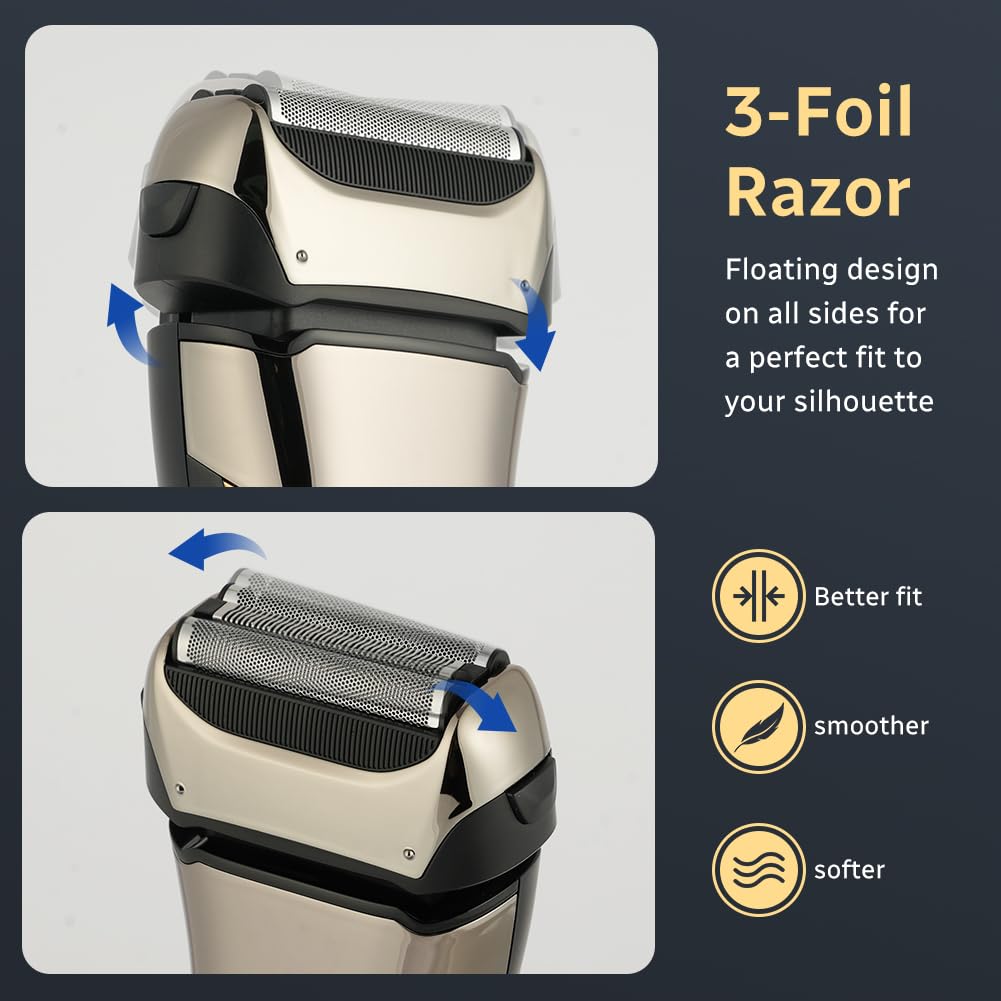 AOOWU Rasoio Elettrico Barba, 2 In 1 Ricaricabile Regolabarba Uomo, Wet & Dry Foil Shaver con 3 Lame, 7500 Giri/Min Portatile Rasoio Elettrico da Uomo, Display Digitale di Potenza, IPX6, Idea Regalo