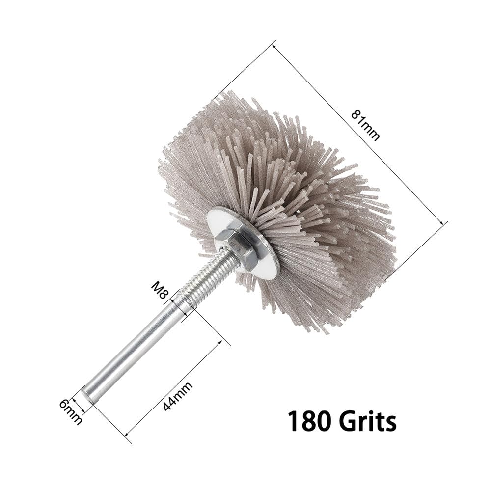 3 pezzi 80#-320# Spazzola per ruote in nylon per levigatura Utensile abrasivo Spazzola per lucidatura mobili in legno Gambo da 6 mm Diametro 80-82 mm Testa smerigliatrice, 3 pezzi, grana 320