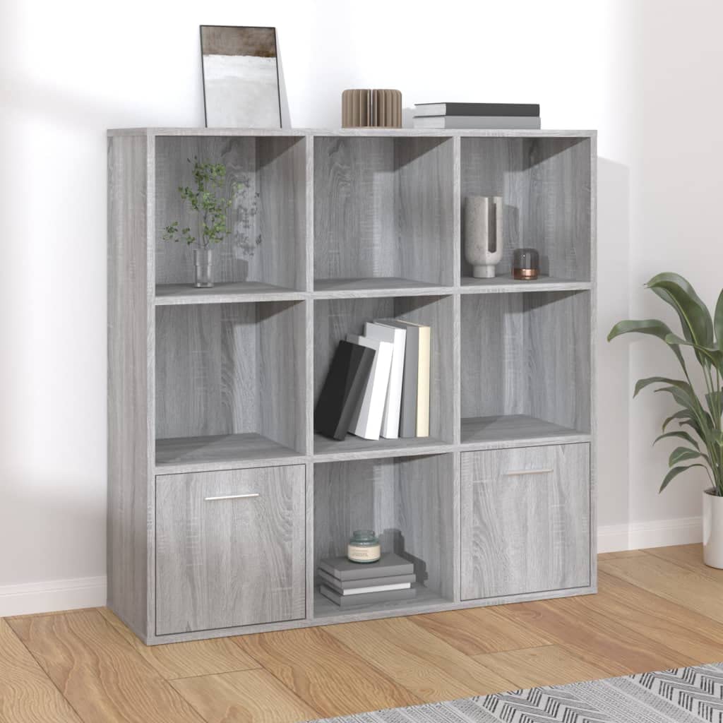 Mangloder Armoire à Livres Sonoma Gris 98x30x98 cm Meuble de Rangement avec 7 Compartiments Portes pour Salon Bureau Chambre et entrée