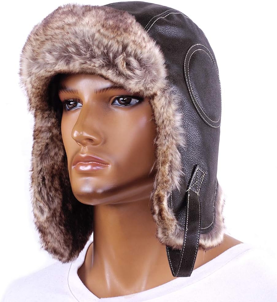 Russian Ushanka Cossack Trooper Trapper Aviator Pilot Hat Fur Lined Earflap Winter Cap with Chin Strap