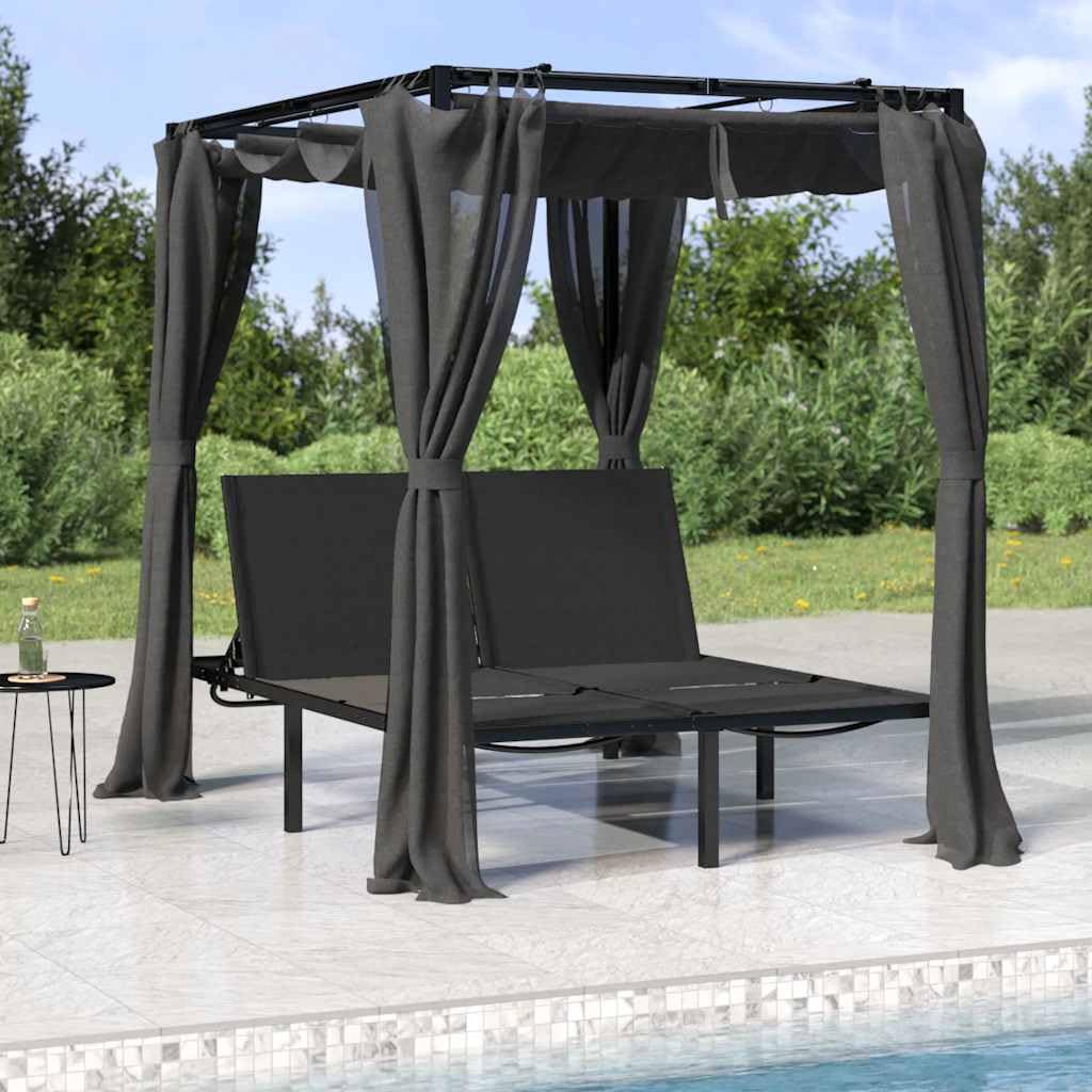 Chaise longue double avec rideaux et auvent anthracite, réglable, pour jardin, terrasse et piscine, chaise longue d'extérieur avec cadre en acier solide et toit de protection