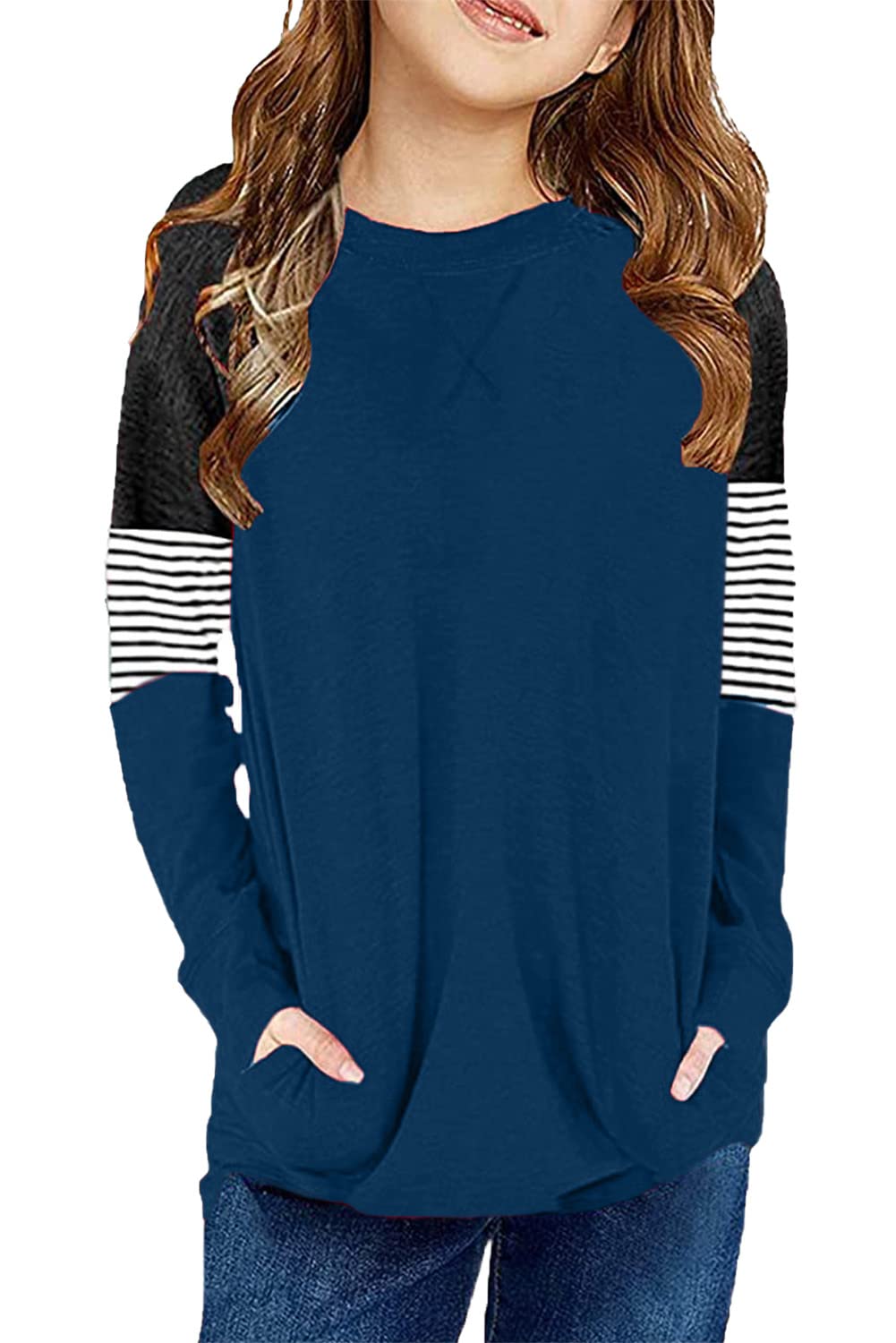 SELINK Girl's Casual Big Kids Long Sleeve Striped Color Block Tees Pockets