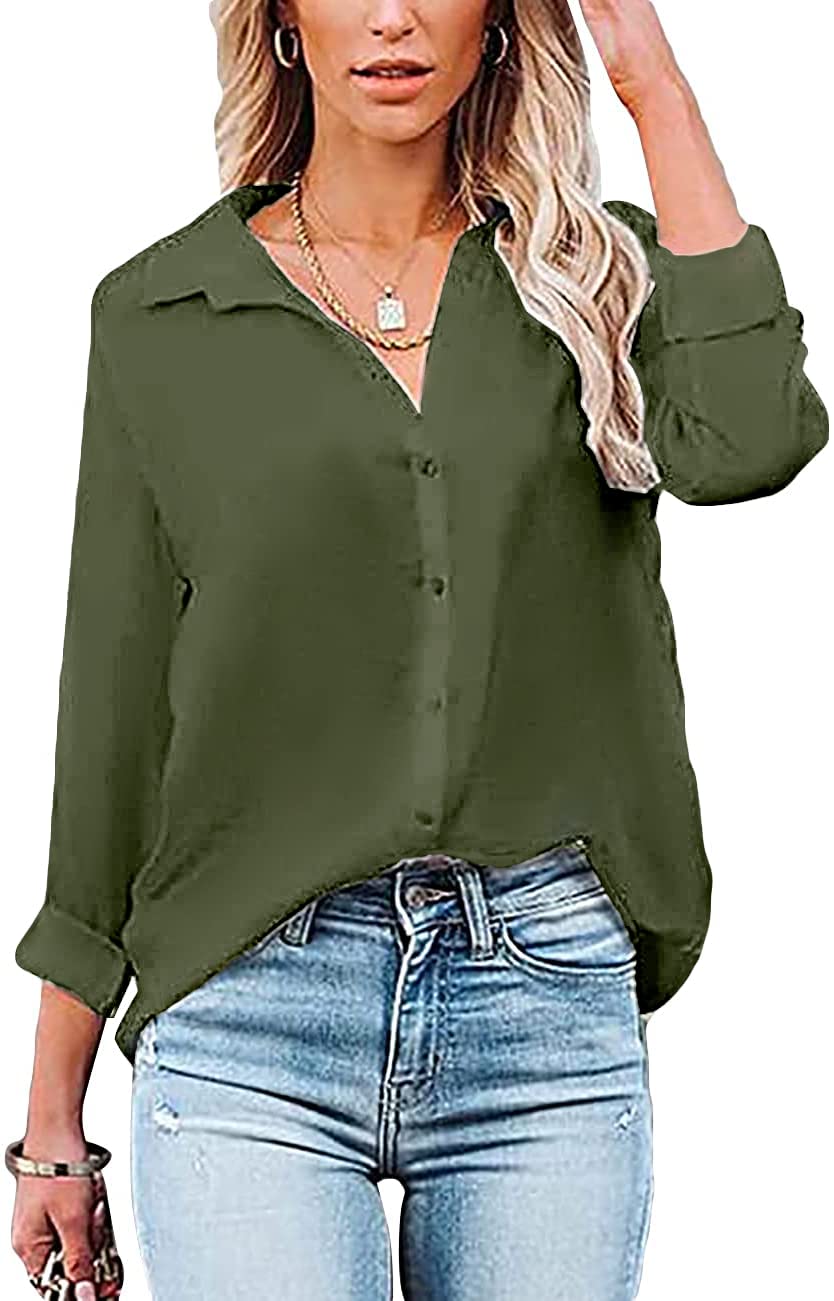 Damen Bluse Elegant V-Ausschnitt Hemd Langarm Arbeit Oberteile Casual Tunika Shirt Lose Langarmshirt Tops