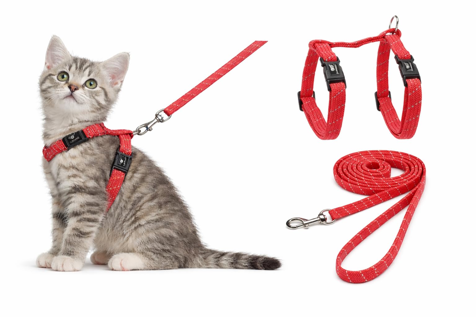 cat harness - kitten Elza coral - 15-22cm - 20-30cm - leash 120cm - adjustable nylon - reflective - with carabiner