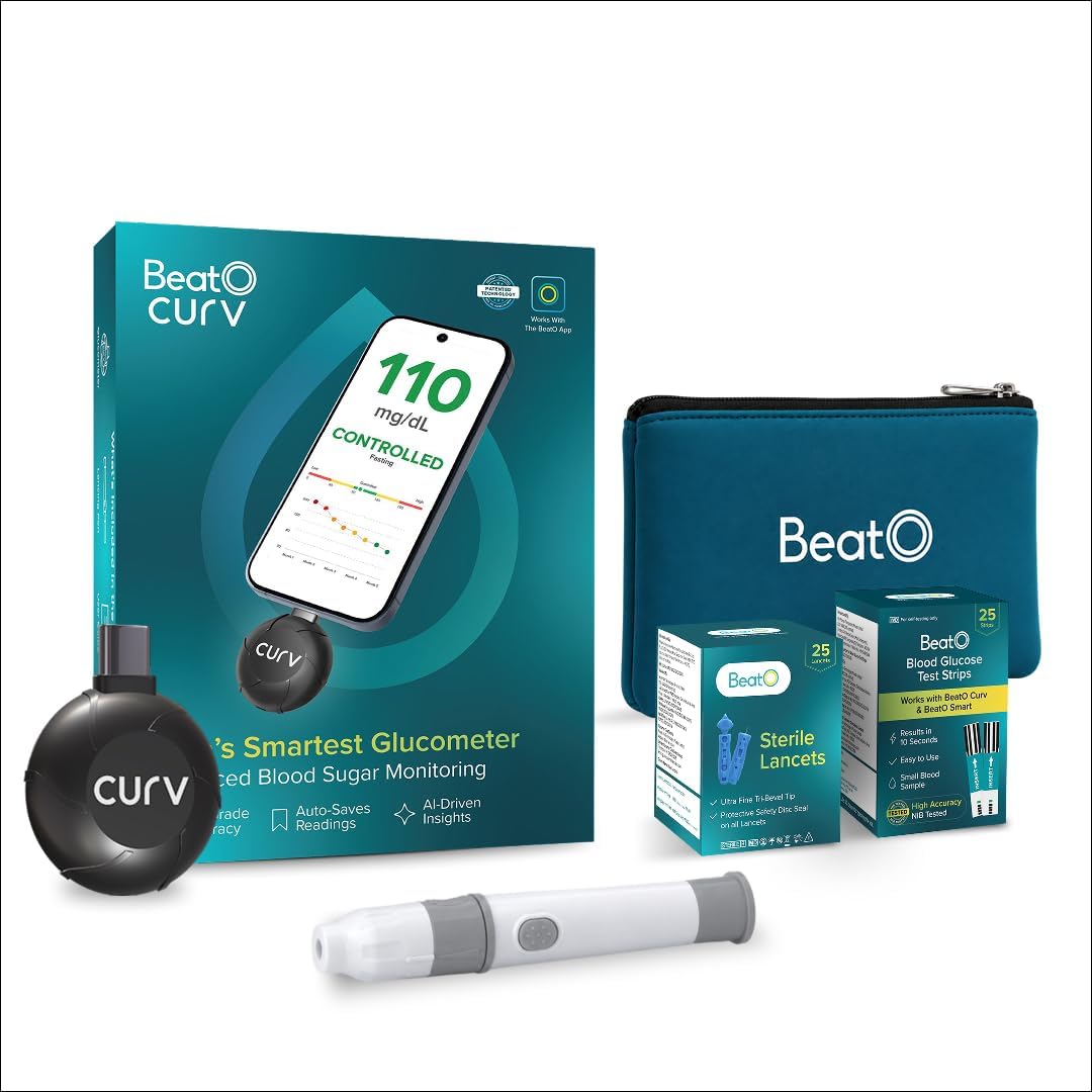 BeatO CURV Glucometer | Auto-Saves Readings | Sugar Test Machine | Android | Smartphone Connected Glucometer Machine | ISO Certified | Free Strips & Lancets | Lab-Grade Accuracy | Life time warranty (Curv 25 Kit)