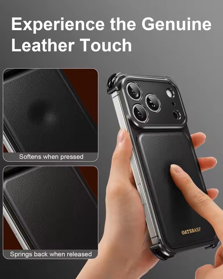 Image of Luxury Leather Phone Case Compatible with iPhone 17 Pro Max | Frameless Aluminum Alloy Bumper | Shockproof Cover - Black