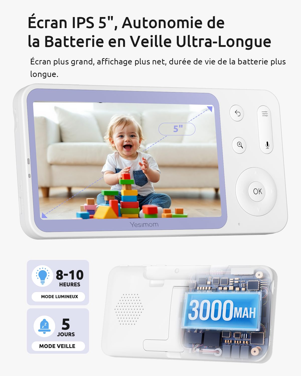 ESIMOM 2K 5" Babyphone Camera, PTZ 360° Baby Phone Vidéo | avec Application Téléphone, Veilleuses Colorées, Surveillance des Mouvements & Suivi Automatique, Zoom 4X