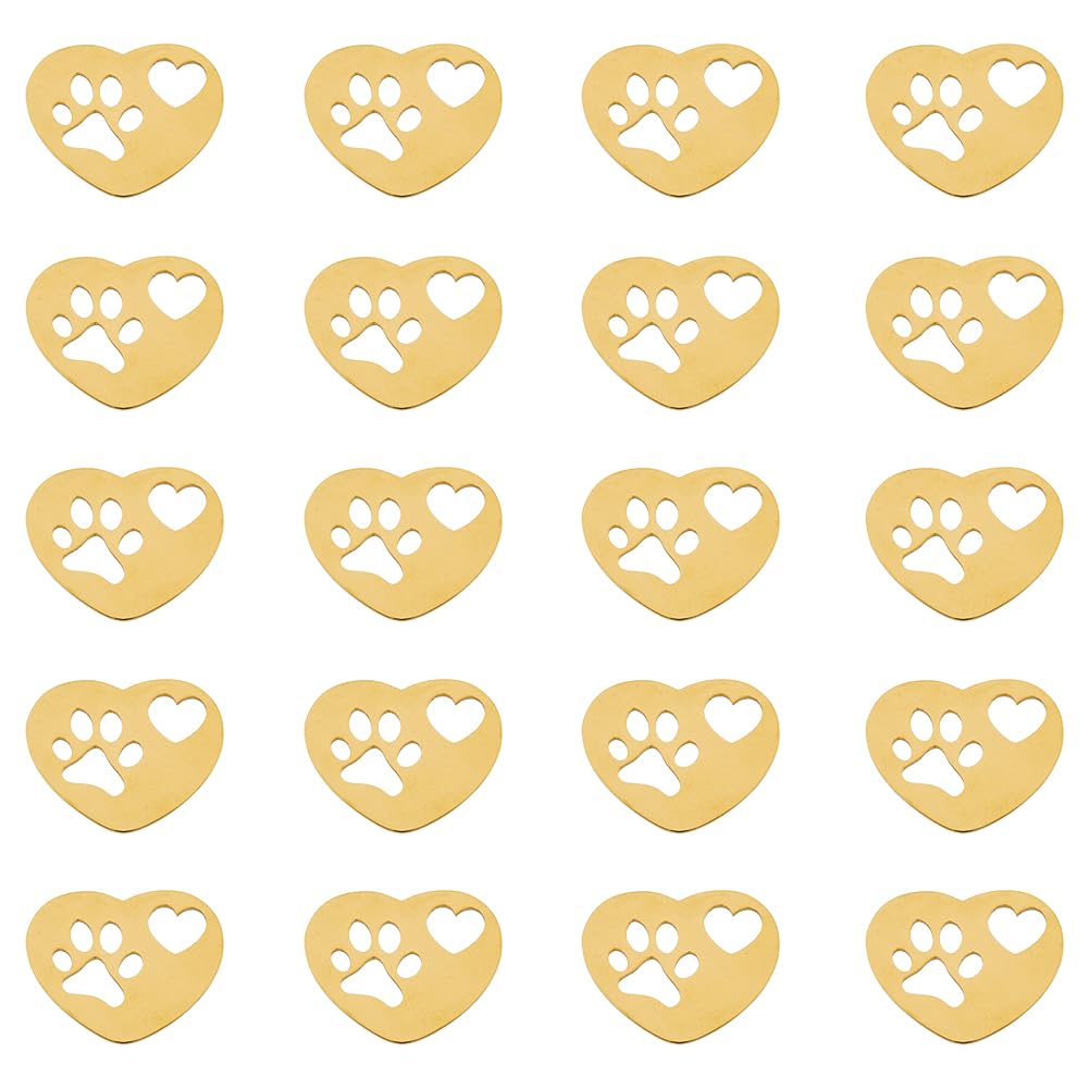 DICOSMETIC 20Piece Heart Charms Golden Heart and Dog Footprint Pendants Small Heart Link Charms Pet Print Charms Stainless Steel Pendant for Jewelry Making, Hole: 1.6mm