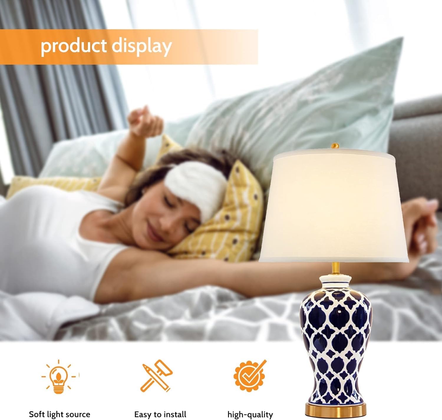 Niebieska i biała ceramiczna lampa stołowa Chinoiserie LED lampa biurkowa z metalową podstawą i abażurem z tkaniny domek przy łóżku biurko nocna lampa stołowa do sypialni, salonu, biura