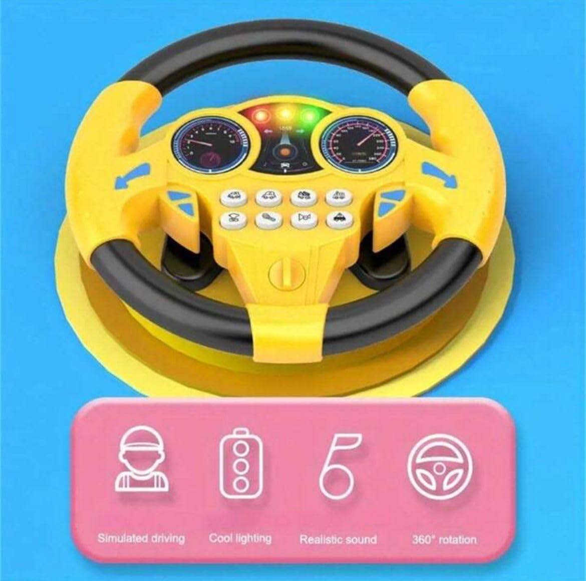 Noven Steering Wheel Toy Simulate Driving Car Copilot Steering Wheel Electric Baby Toys with Sound Driving Vocal Toy Kids Musical Educational Stroller Color-Yellow - Image 6 thumbnail