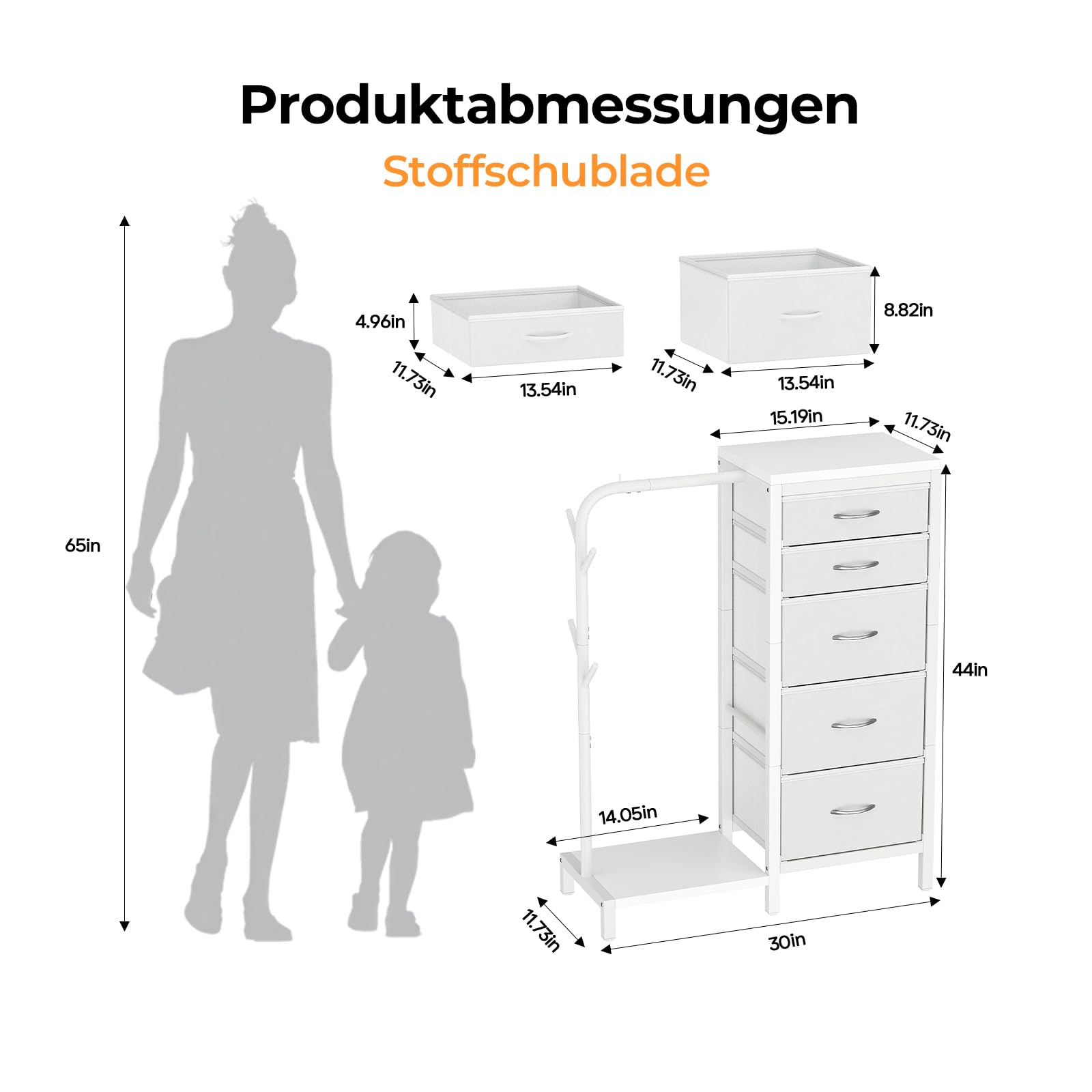 HOMRELEXA Kommode mit Schubladen, Kommode Weiß mit 5 Stoff Schubladen, Kleine Kommodeschrank mit Kleiderstange, Kinderkleiderschrank, Stoffkommode für Schlafzimmer Kinderzimmer Wohnzimmer Flur