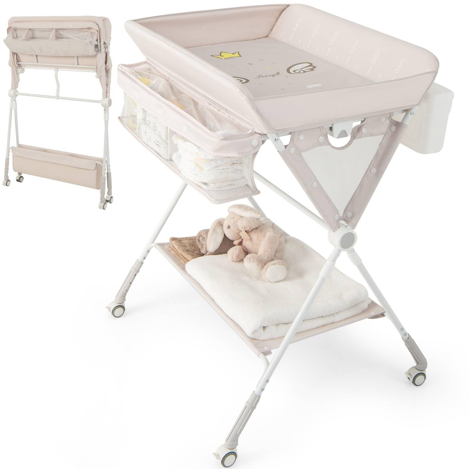Baby Changing Table, Folding Infant Diaper Changing Station with Wheels, Shelf and Storage Basket, Height Adjustable Nappy Table for Newborn (Beige)