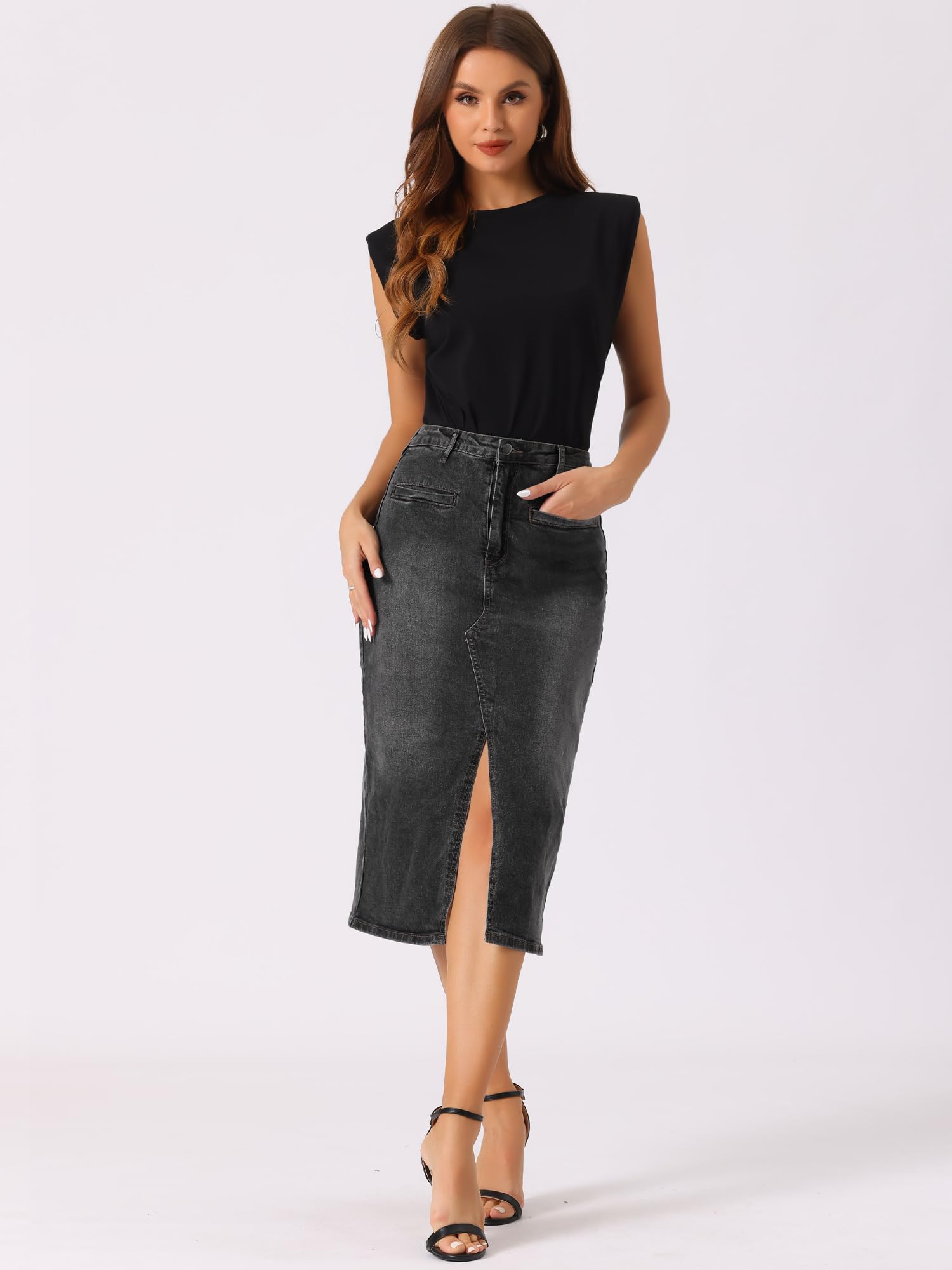 Allegra K Gonna midi in denim per donna a vita alta con spacco frontale con tasche gonne di jeans