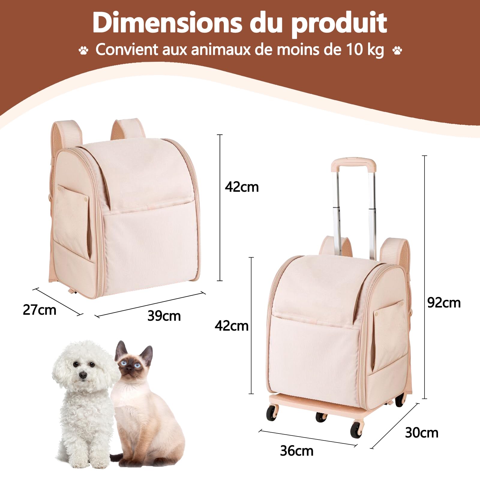 Galatée Sac à Dos pour Chien à roulettes, Poussette pour Animaux avec Fenêtres d'Aération en Filet, Sac à Dos Chat, Idéal pour Les Voyages, La Randonnée Et Les Activités De Plein Air(Rose)