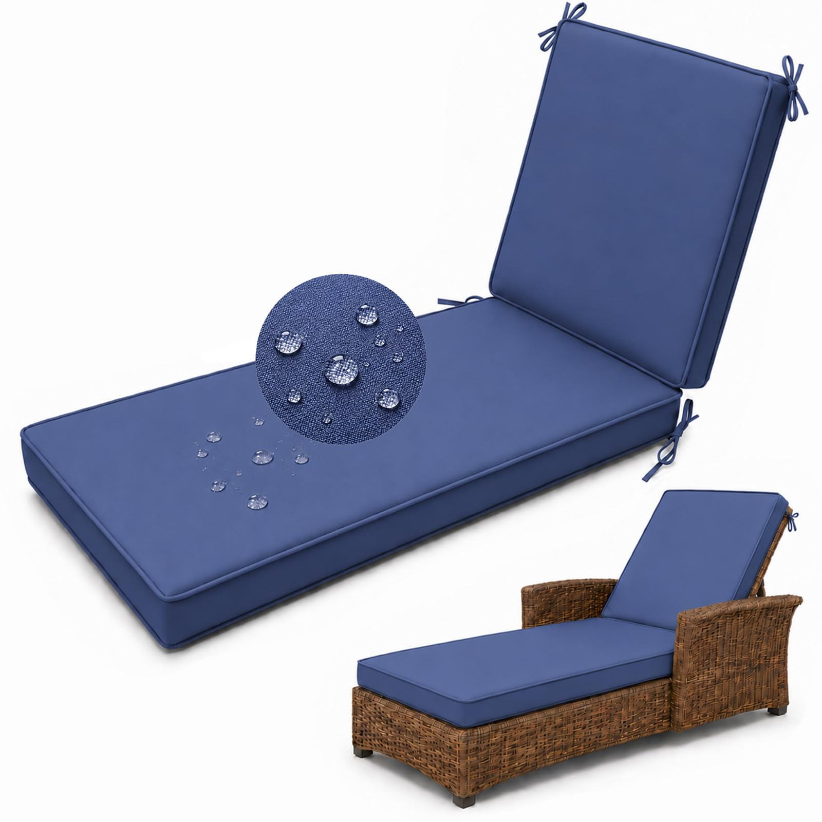 Waterproof Sun Lounger Cushion, Garden Sunbed Recliner Pad, Denim Blue