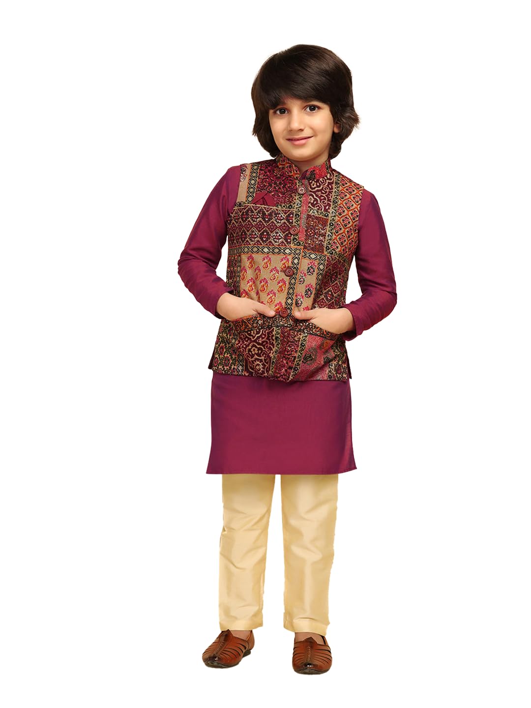 Kisah Boys Kurta Jacket Set Silk Blend Printed Regular Fit Kurta Nehru Jacket Pajama Set For Kids, Multi, 7-8 Years