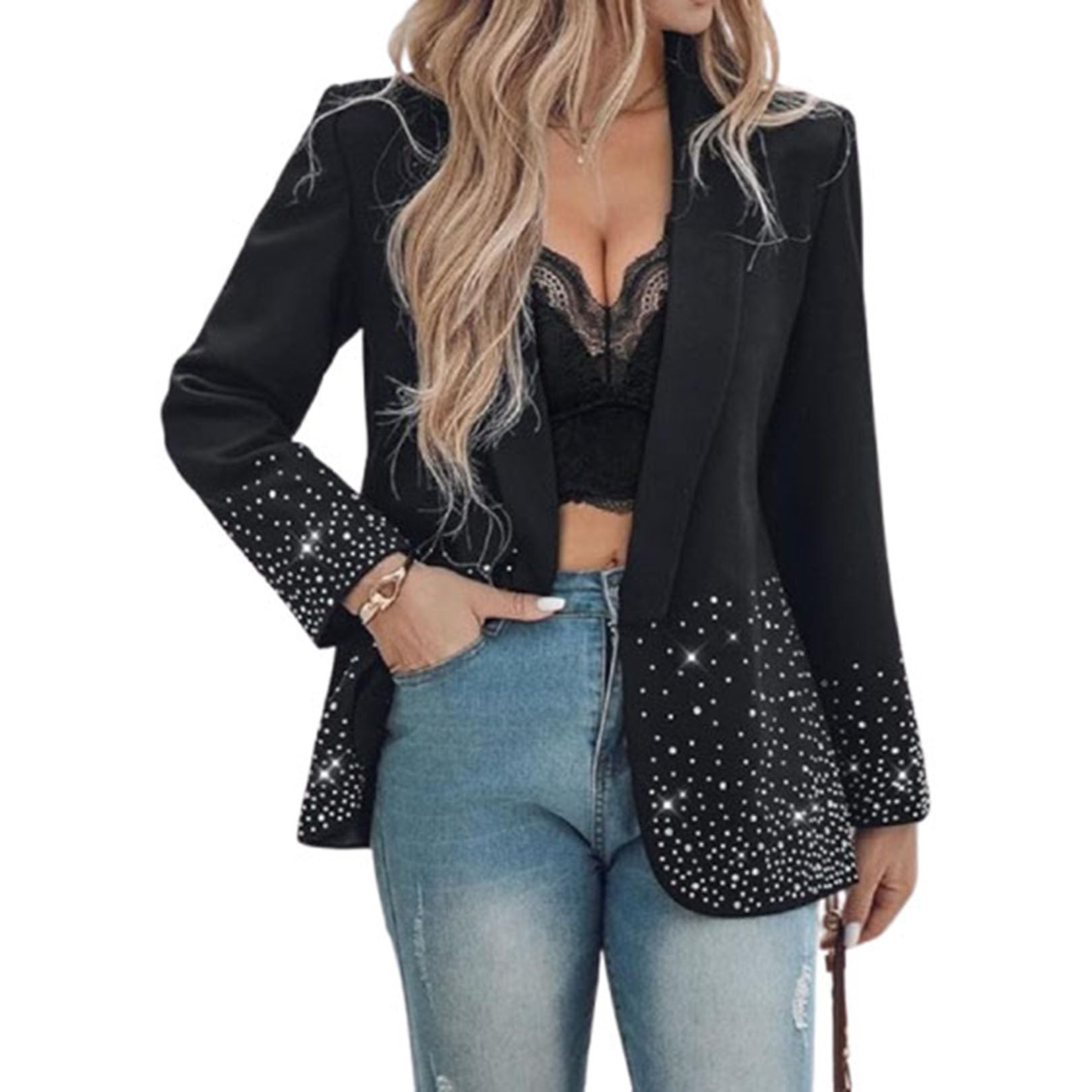 Blazer décontracté à manches longues orné de strass pour femmes veste blazer décontractée d'affaires veste à revers cardigan