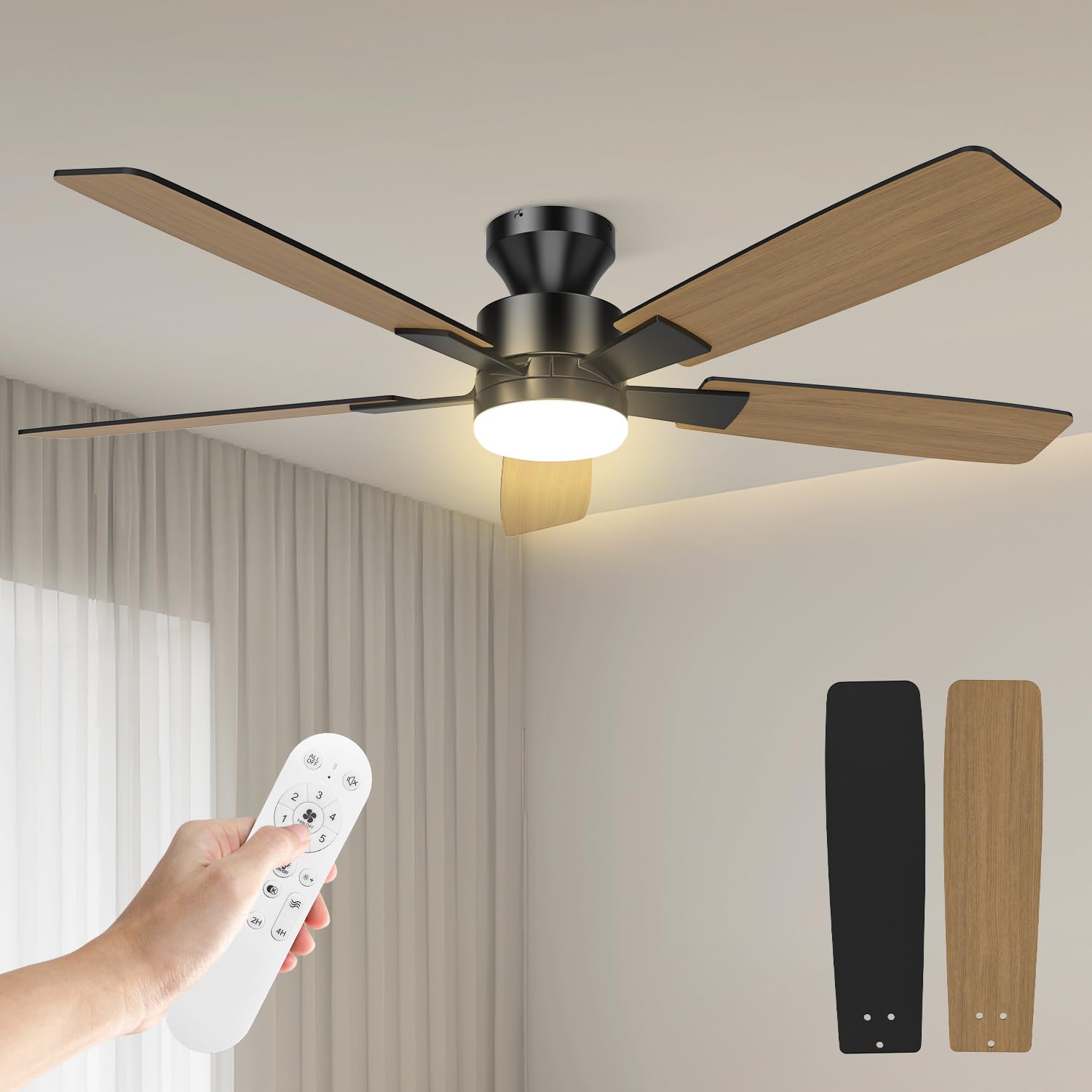 Airwit Wentylator sufitowy z oświetleniem, 132 cm, cichy, z oświetleniem, do sypialni, salonu (czarny + ciemne słoje drewna)