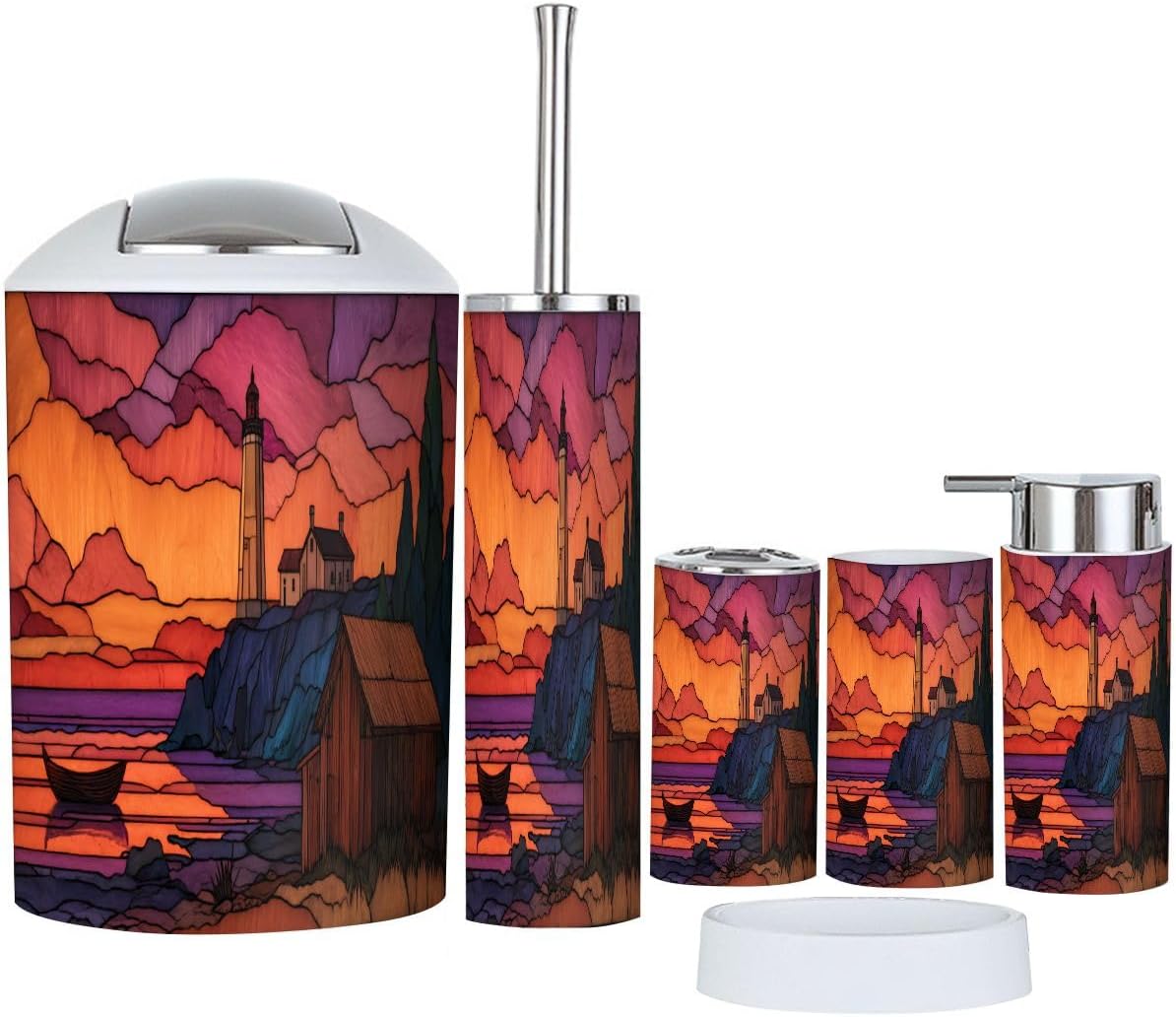 Bathroom Accessories Set 6 Pcs Colorful Stained Glass Artwork Lighthouse Beach Sunset Toothbrush Holder Cup Soap Dispenser Soap Dish Toilet Brush Holder Trash Can for Countertop Decor