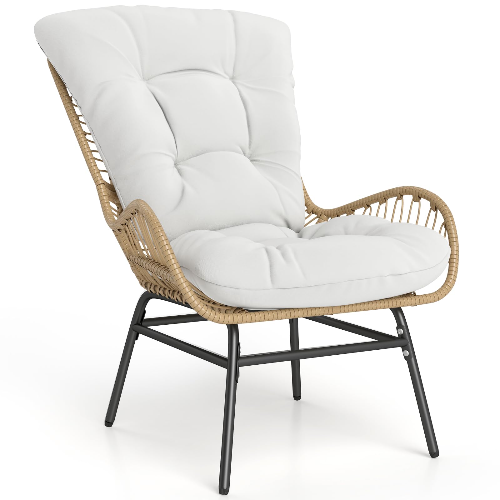 COSTWAY Sillon de Ratan con Cojin, Marco Metálico, Sillones para el Salón, Butaca Dormitorio Jardin Terraza Interior Exterior, 84 x 68 x 87 cm, Carga 180kg, Natural (1)