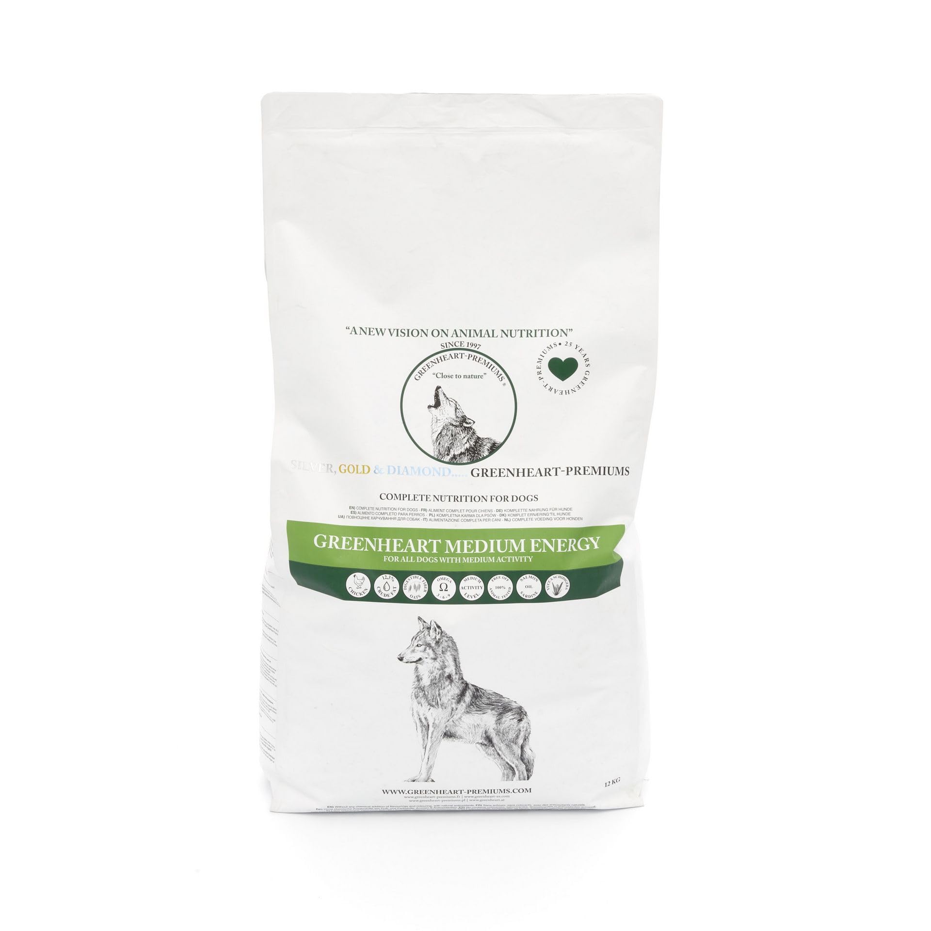 Greenheart-Premium | 12 kg de pienso para perros adultos Medium Energy | Producto Premium | 100% productos naturales | Sin colorantes, sabores ni antioxidantes químicos, ricos en avena