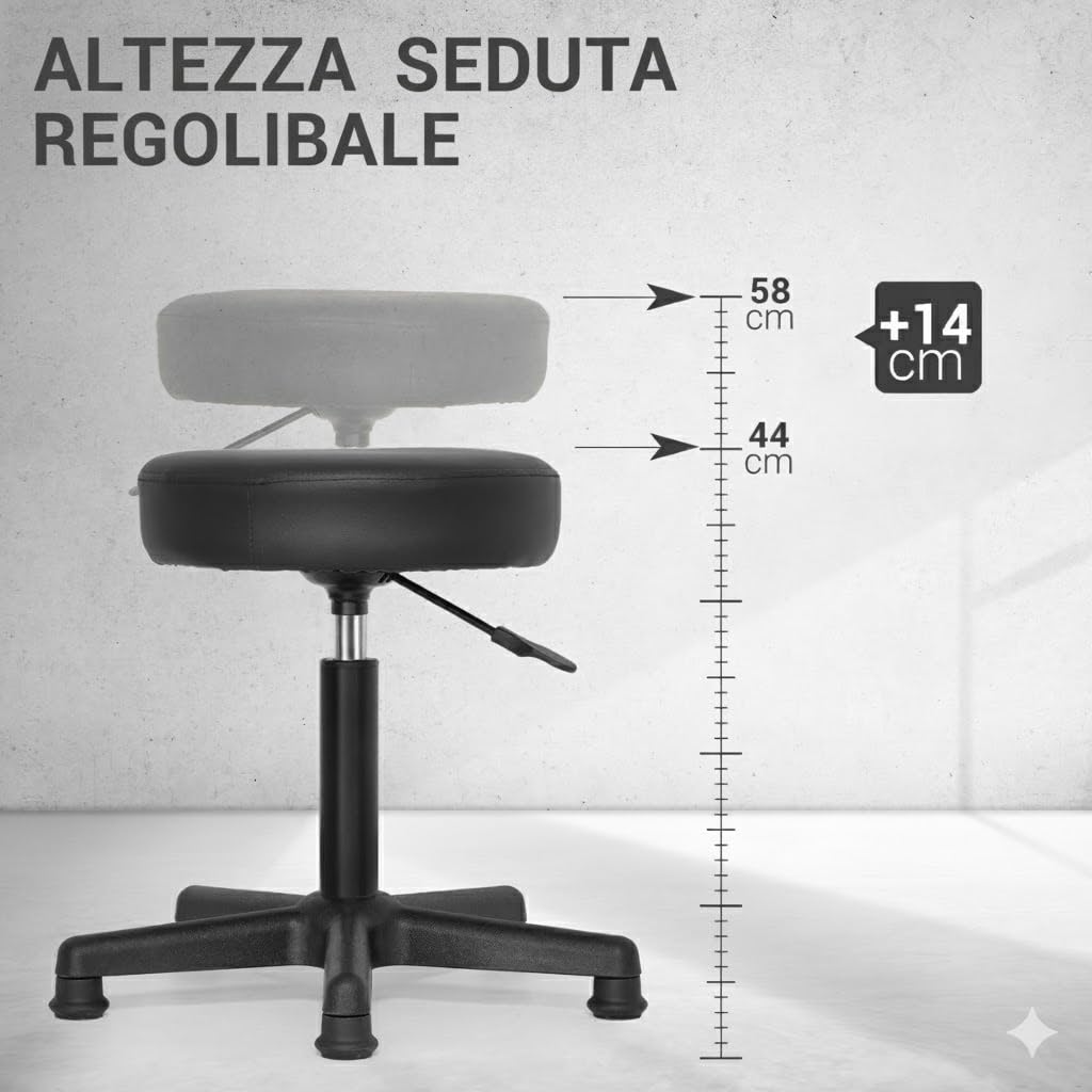 Waytex Tabouret pivotant sans roulettes – Hauteur réglable 44-58 cm – Pieds Fixes – Assise Confortable Simili Cuir Noir – Stable pour Accueil et Poste de Travail