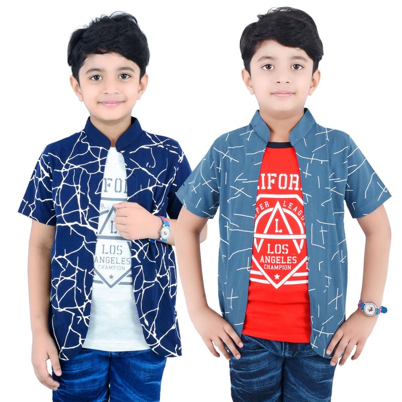 Image of Jam & Sugar Boys Cotton Printed T-Shirt with Attached Shrug Jacket - Half Sleeves