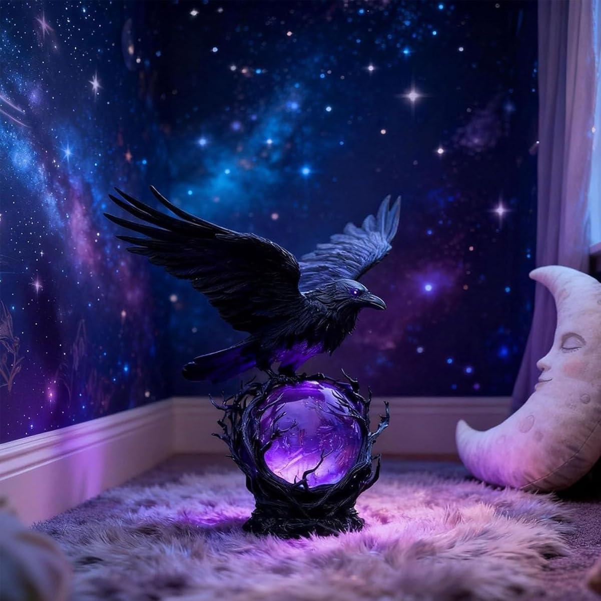 “Raven’s Moonlight” Gothic LED Lamp – Mysterious Crow on Glowing Orb Sculpture, Raven on Glowing Orb with Violet Light, Gothic Raven Crow Lamp for Gothic Collectors, Halloween Enthusiasts(#a)