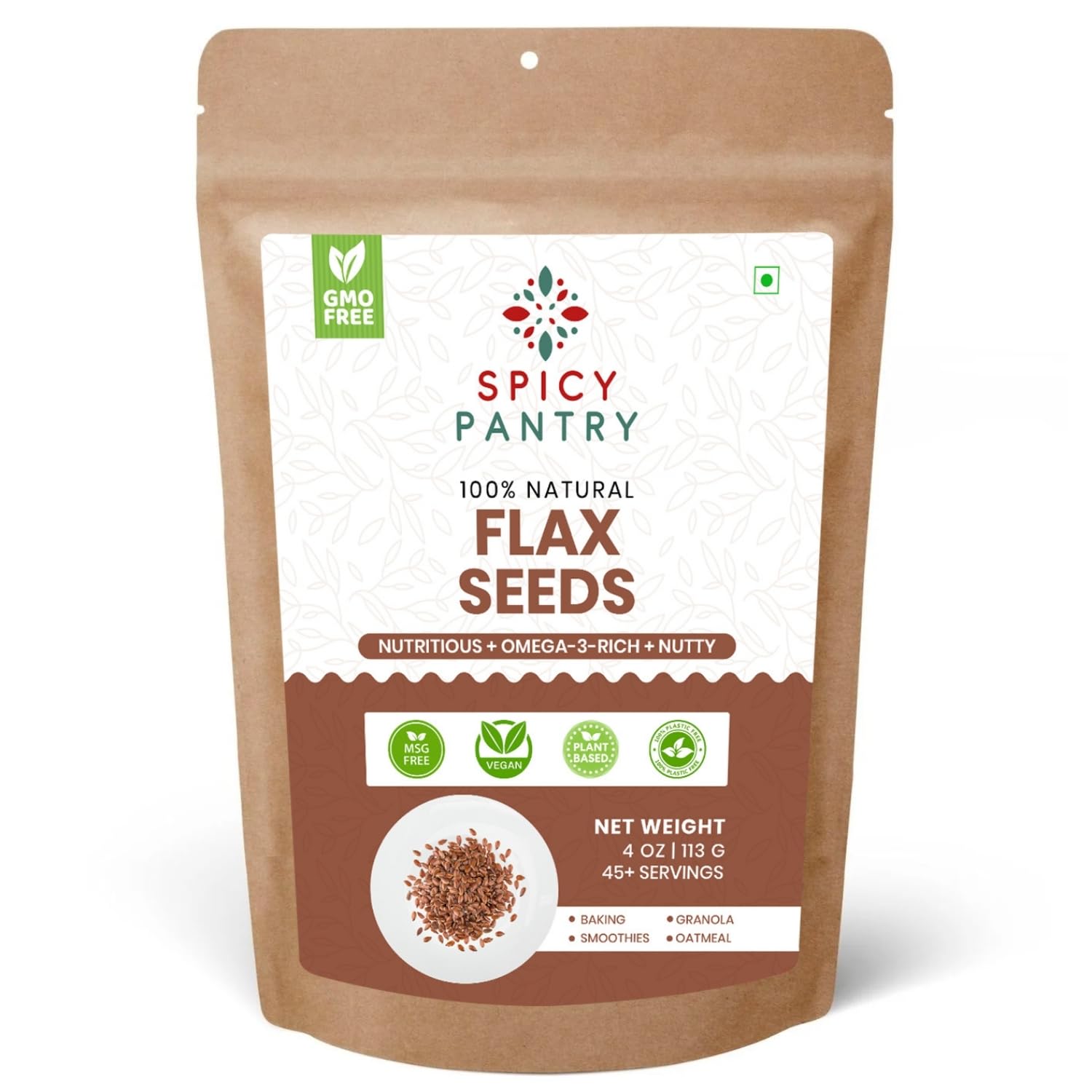 SPICY PANTRY Flax Seeds 4 oz – Whole or Ground Linseeds for Smoothies, Baking & Vegan Recipes – Mild Nutty Taste, Rich in Plant-Based Nutrients