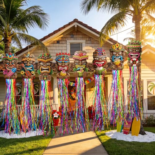 Image of Affrolling 8 Pcs Tiki Party Decorations Hawaiian Luau Party Decoration Tiki Totem Hanging Decorations with Tassels for Aloha Hawaii Luau Tropical Summer Themed Supplies 3.3 ft Outdoor Summer Decor