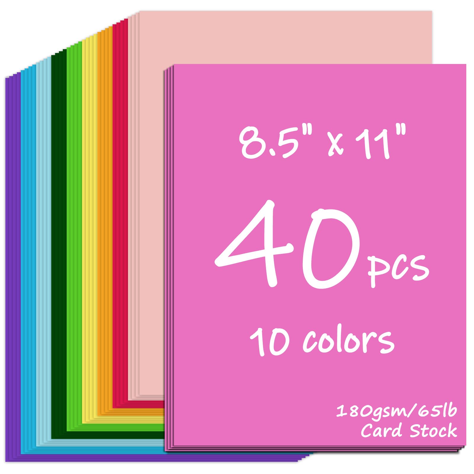 40 Sheets Colored CardStock, 180gsm/65lb 10 Colors Cardstock Print Paper 8.5 x 11 Inches, Double Sided Printed Card Stock Paper for Scrapbook School