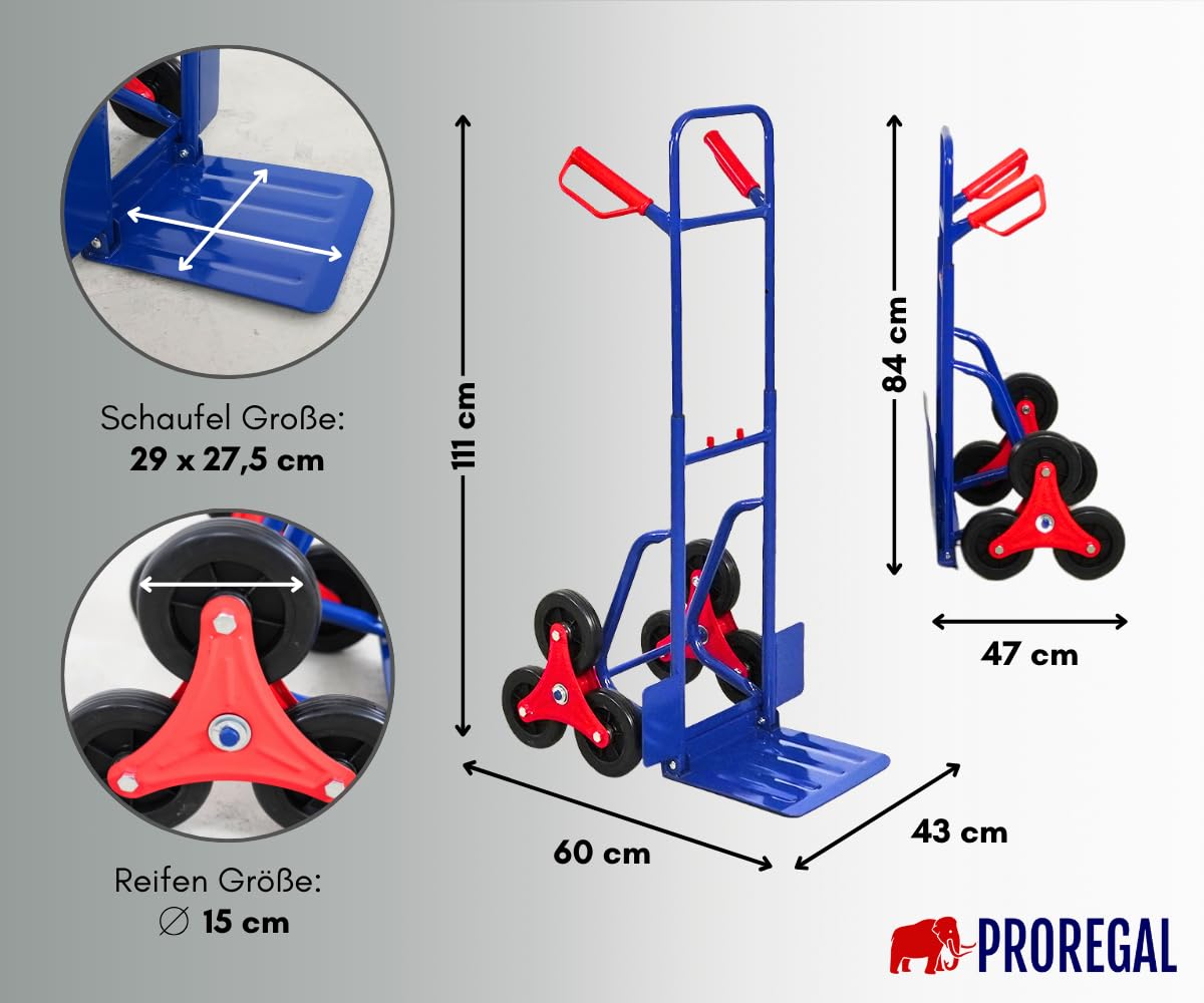 PROREGAL Diable pour escaliers Odin | HxLxP 111x60x43cm | Capacité de Charge 200kg | Pneus en Caoutchouc Dur | Bleu