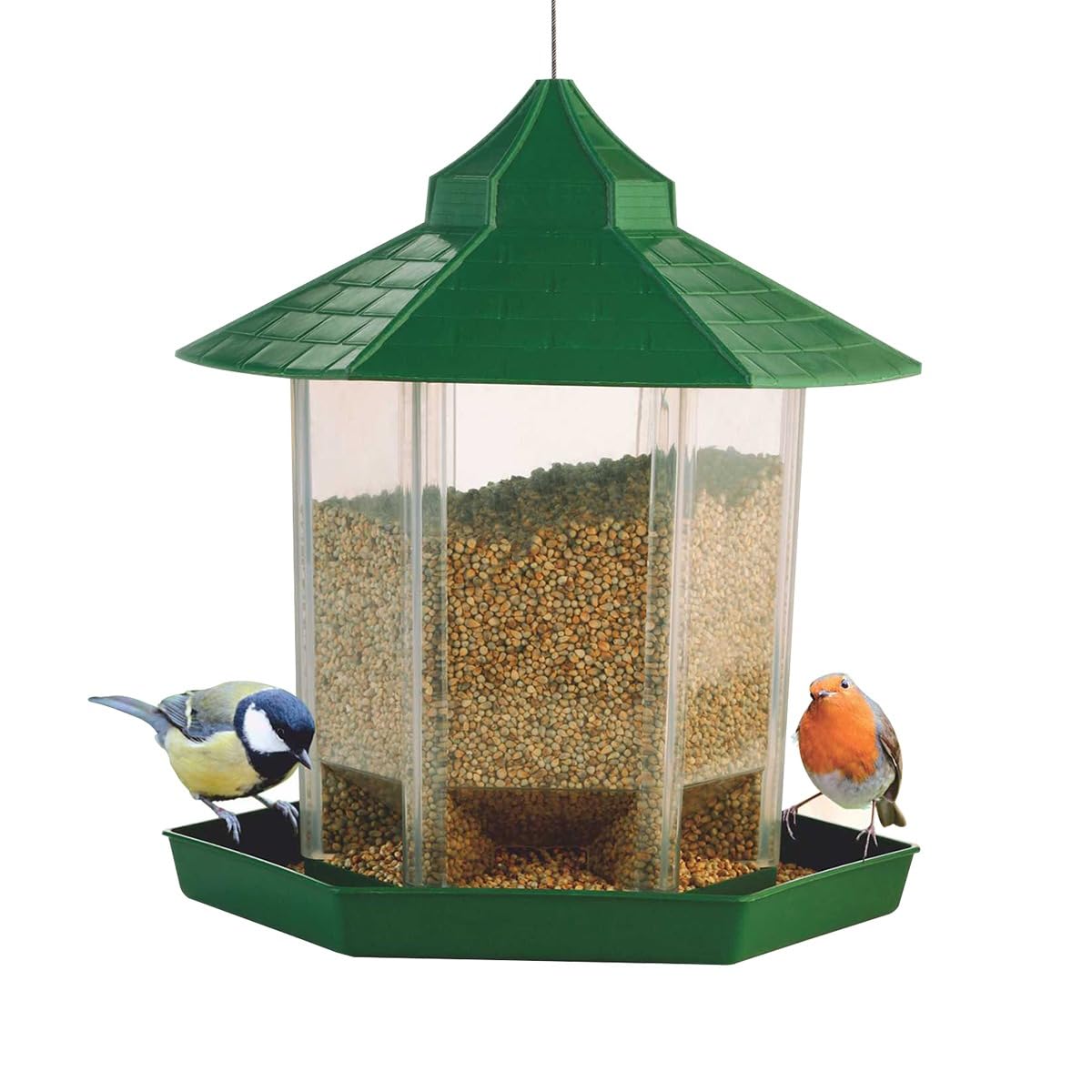 Plastic Perfect Hut Shape with Stainless Steel 1 Mtr Wire Transparency Grain Holder for Balcony, Garden, Rotable Holder Bird Feeder - Pack of 1