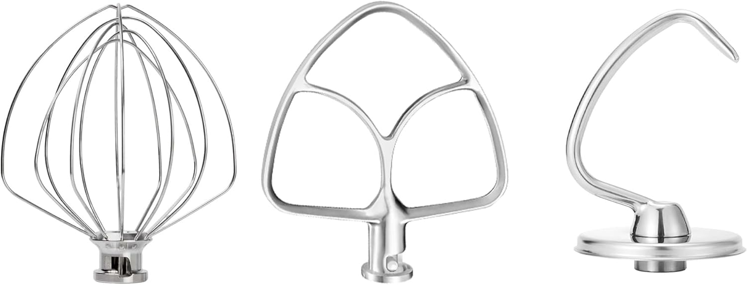 Stainless Steel Accessories for KitchenAid 4.5-5 Qt Tilt-Head Mixer, K45 Whisk, Flat Beater and Dough Hook for 5 Quart Mixing Bowl, Fits KSM45, KSM90, KSM150, Dishwasher Safe, Heavy Duty