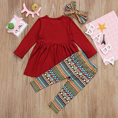 Thanksgiving Day Clothing Sets Kids Baby Girls Long Sleeve Tops Dress+ Turkey Legging Outfit (Wine Red, tag: 90/2-3 T)