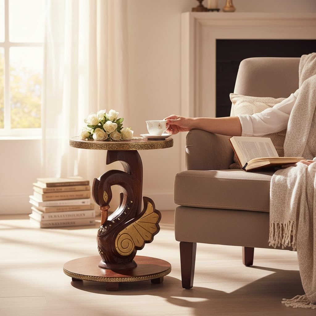 Handcrafted Wooden Swan Side Table | Antique Finish Hand-Carved Accent Table with Brass Detailing | Decorative End Table for Living Room & Bedroom-image-23