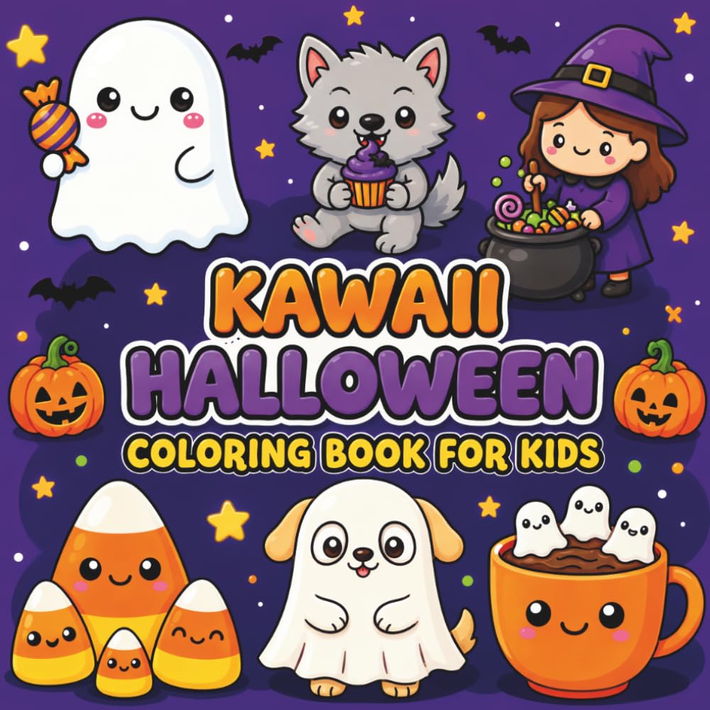 Kawaii Halloween Coloring Book for Kids: Cute and Fun Halloween Coloring Pages for Boys and Girls Ages 4-8 | Easy Spooky Designs Featuring Pumpkins, Vampires, Skeletons, Witches, Owls & More