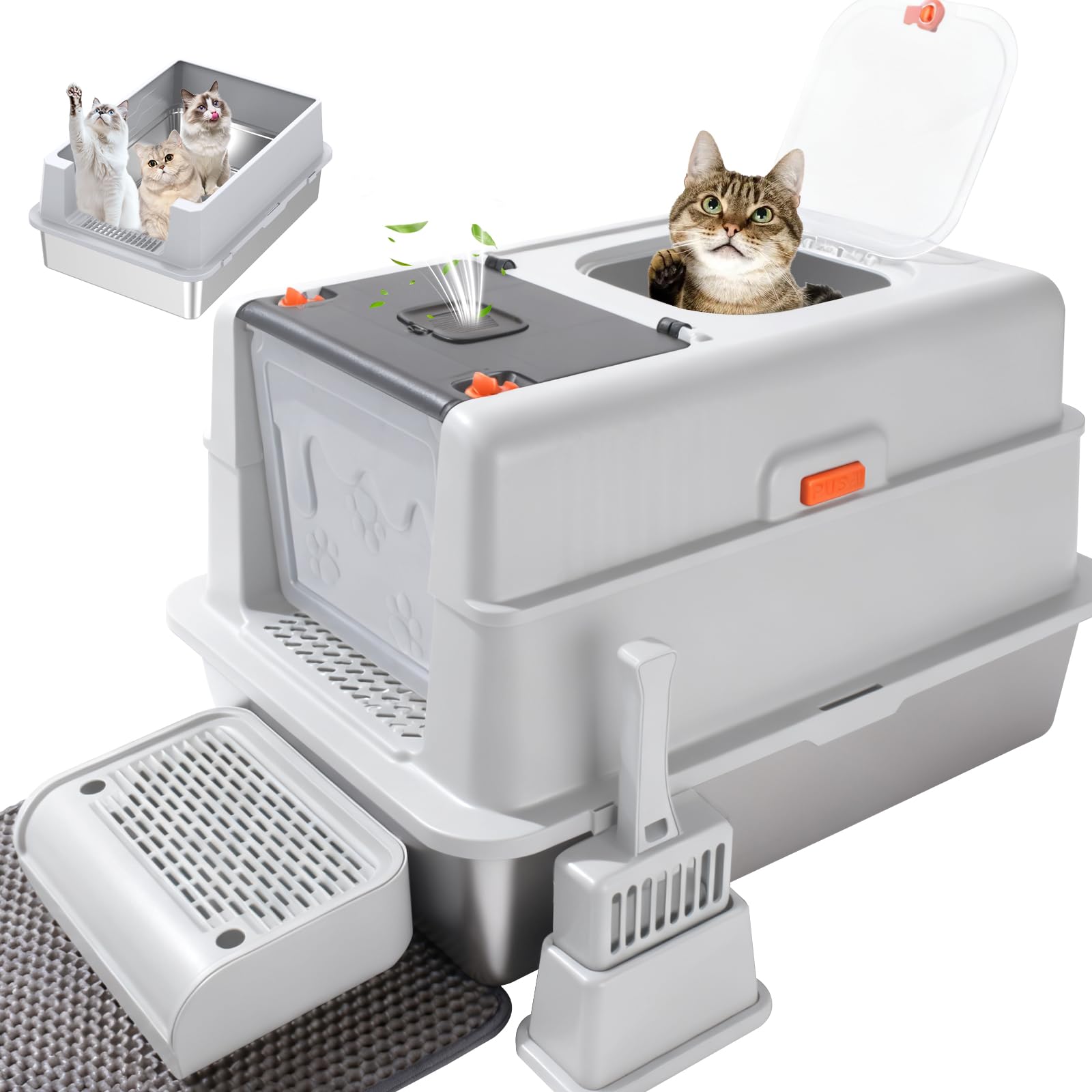 ELEGX XXXL Extra Large 28" L&times;20" W Odor-Control Stainless Steel Cat Litter Box, 4-in-1 Cat Metal Litter Box Set,Enclosed Removable Metal Litter Box with High Sided Enclosure,Mat & Scoop
