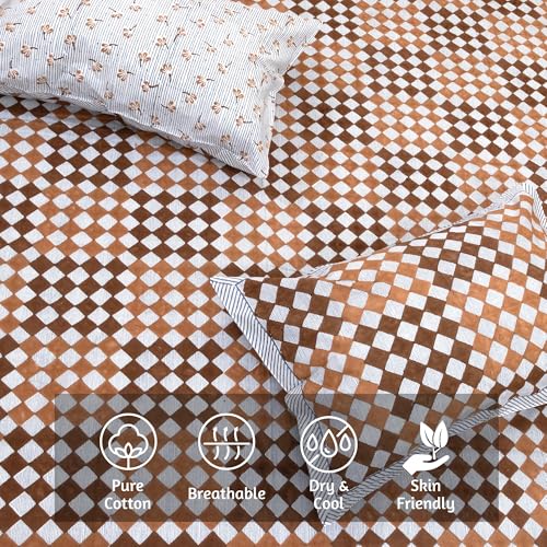 Image of TOAI Hand Block Printed Bedsheet | Bed Spread Flatsheet Bed Sheet | 210 TC Long Luxury Cotton | King Size 108 inchx108 inch |2 Reversible Pillow Covers (Brown Checks Blue Lines)
