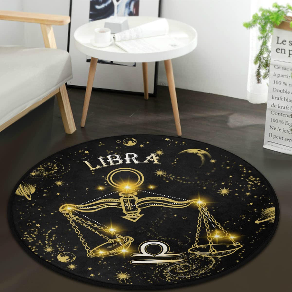 Constellation Libra Round Area Rug or Bedroom Living Room Study Playing,Black and Gold Zodiac Tarot Card Non-Slip Floor Mat Carpet 3' x 3' Round